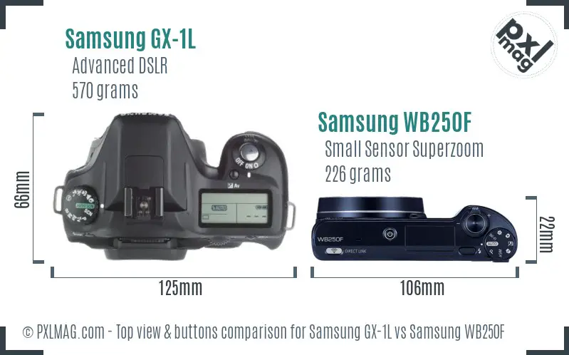 Samsung GX-1L vs Samsung WB250F top view buttons comparison Samsung GX-1L vs Samsung WB250F top view buttons comparison