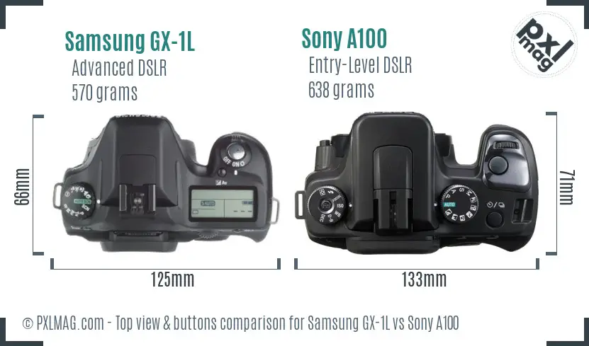 Samsung GX-1L vs Sony A100 top view buttons comparison