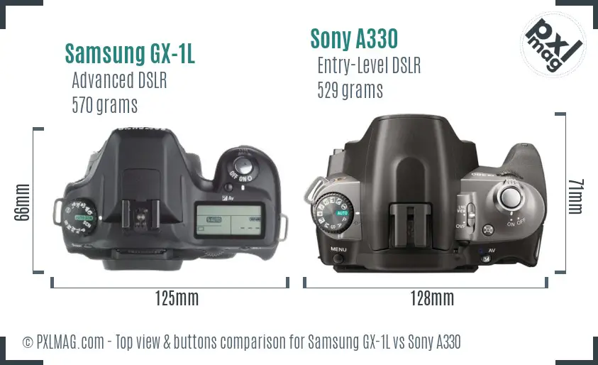 Samsung GX-1L vs Sony A330 top view buttons comparison Samsung GX-1L vs Sony A330 top view buttons comparison