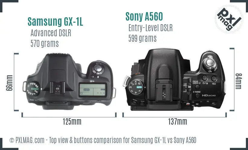 Samsung GX-1L vs Sony A560 top view buttons comparison
