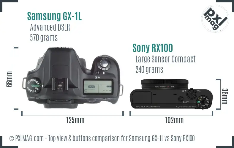 Samsung GX-1L vs Sony RX100 top view buttons comparison