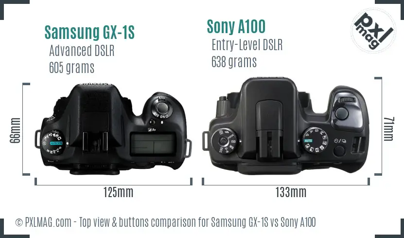 Samsung GX-1S vs Sony A100 top view buttons comparison