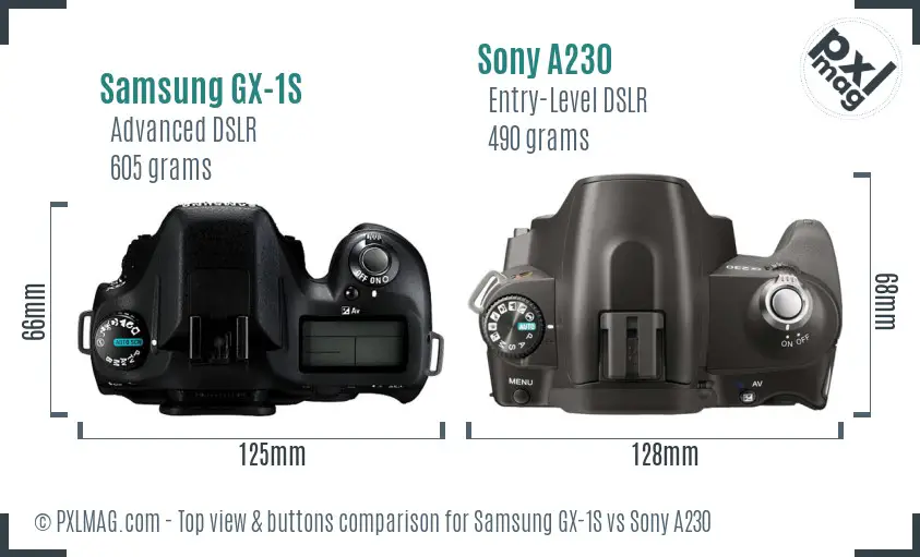 Samsung GX-1S vs Sony A230 top view buttons comparison