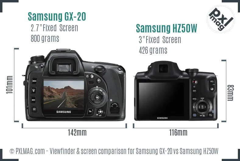Samsung GX-20 vs Samsung HZ50W Screen and Viewfinder comparison
