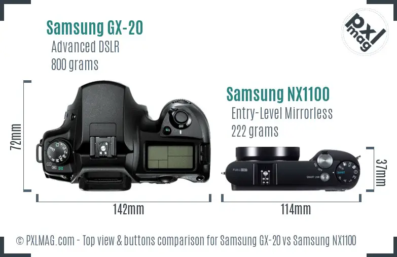 Samsung GX-20 vs Samsung NX1100 top view buttons comparison