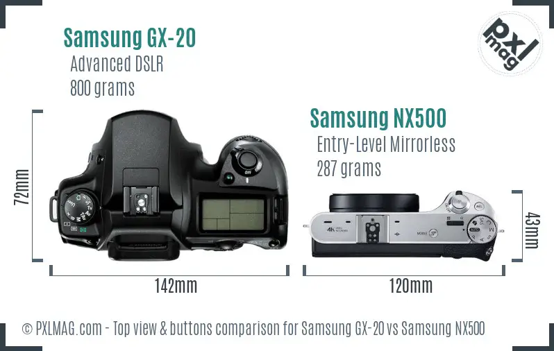 Samsung GX-20 vs Samsung NX500 top view buttons comparison