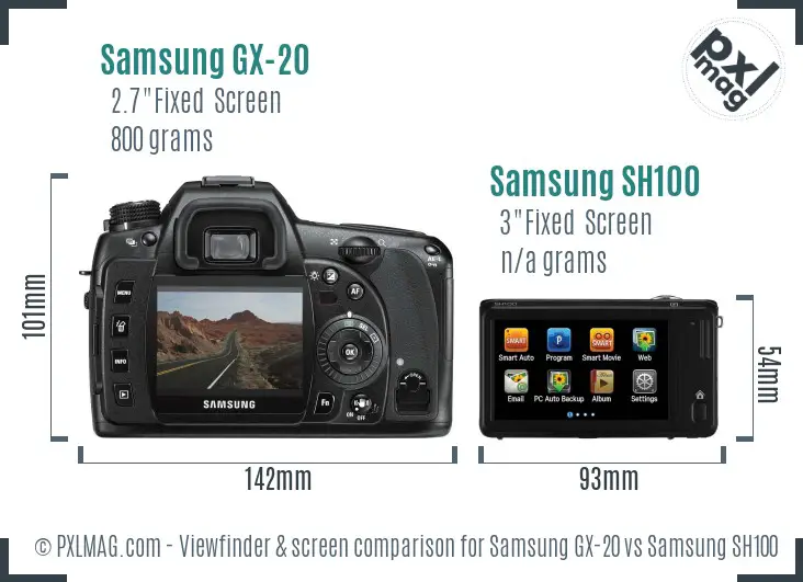 Samsung GX-20 vs Samsung SH100 Screen and Viewfinder comparison