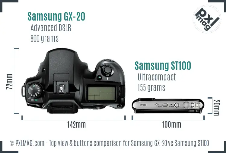 Samsung GX-20 vs Samsung ST100 top view buttons comparison