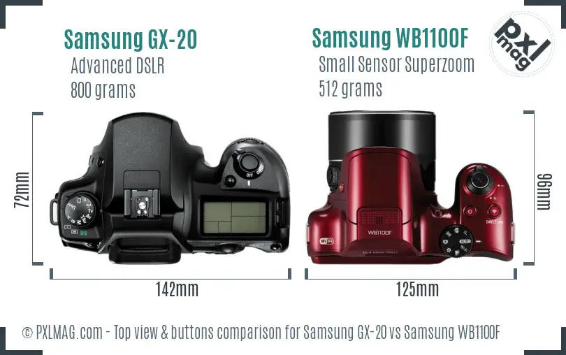 Samsung GX-20 vs Samsung WB1100F top view buttons comparison