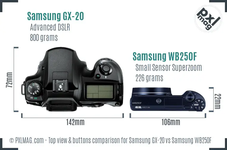 Samsung GX-20 vs Samsung WB250F top view buttons comparison