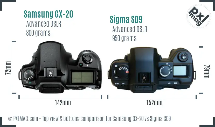 Samsung GX-20 vs Sigma SD9 top view buttons comparison Samsung GX-20 vs Sigma SD9 top view buttons comparison