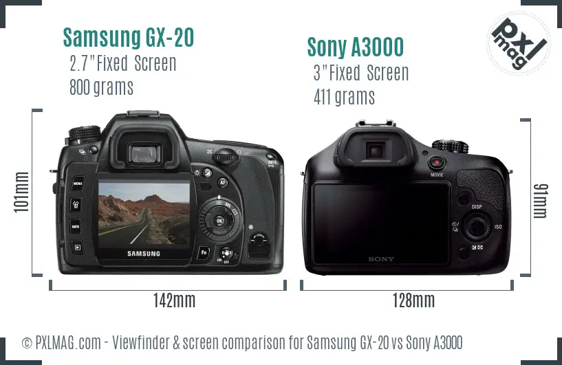 Samsung GX-20 vs Sony A3000 Screen and Viewfinder comparison