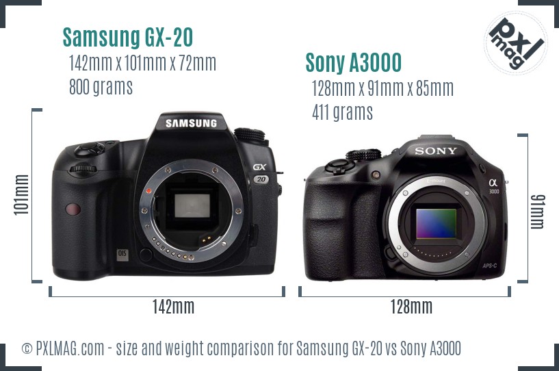 Samsung GX-20 vs Sony A3000 size comparison