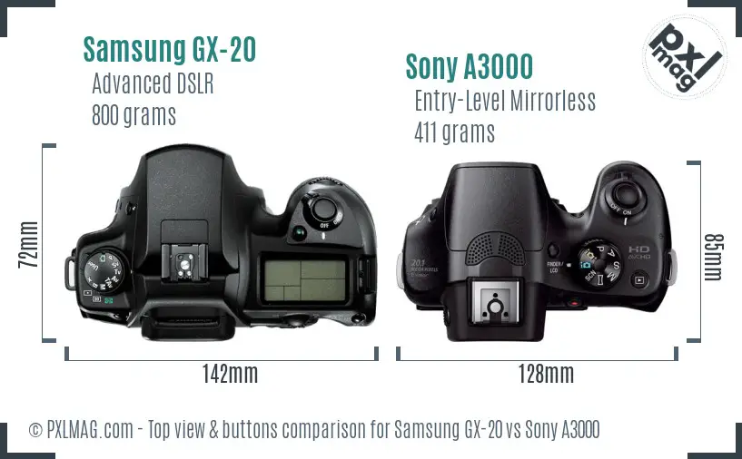 Samsung GX-20 vs Sony A3000 top view buttons comparison