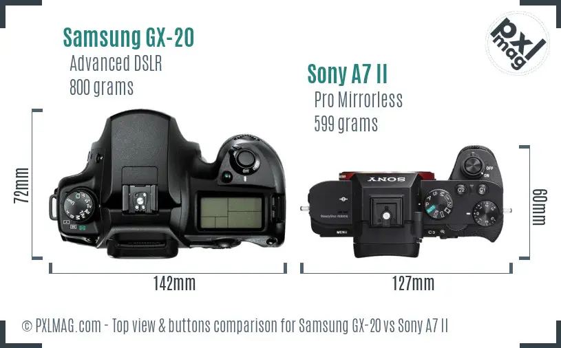 Samsung GX-20 vs Sony A7 II top view buttons comparison