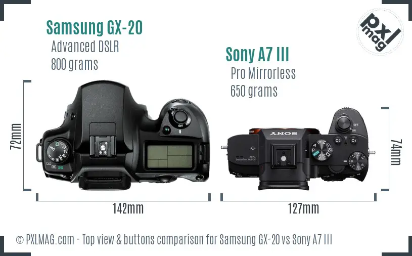 Samsung GX-20 vs Sony A7 III top view buttons comparison