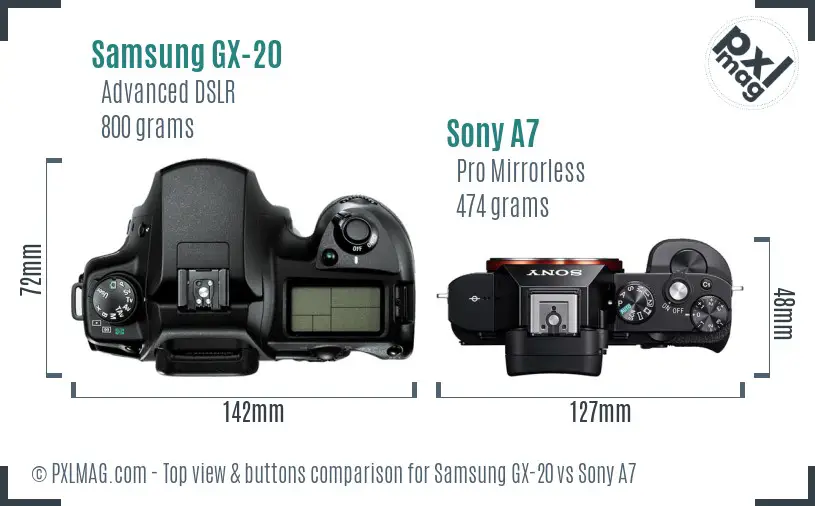 Samsung GX-20 vs Sony A7 top view buttons comparison