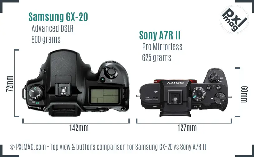 Samsung GX-20 vs Sony A7R II top view buttons comparison