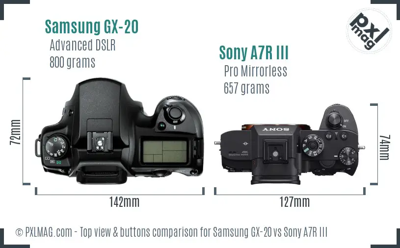 Samsung GX-20 vs Sony A7R III top view buttons comparison