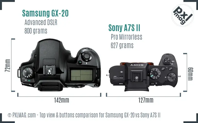 Samsung GX-20 vs Sony A7S II top view buttons comparison