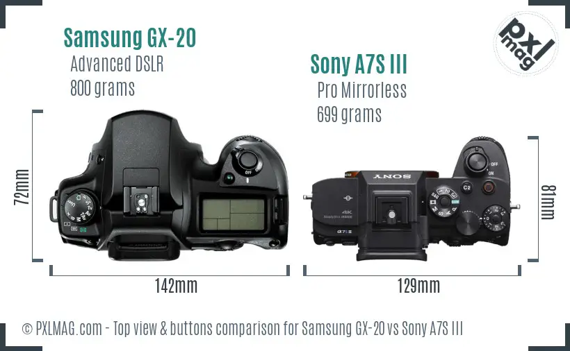 Samsung GX-20 vs Sony A7S III top view buttons comparison