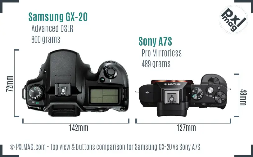 Samsung GX-20 vs Sony A7S top view buttons comparison