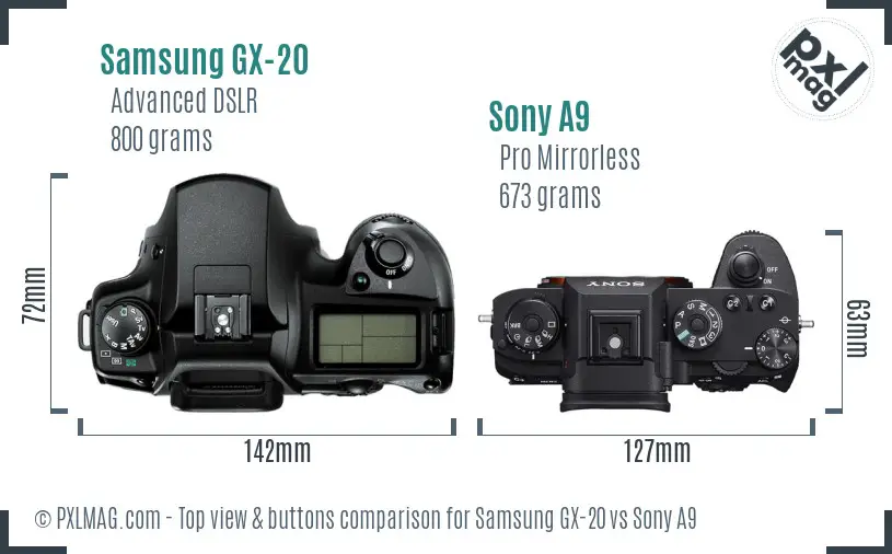 Samsung GX-20 vs Sony A9 top view buttons comparison