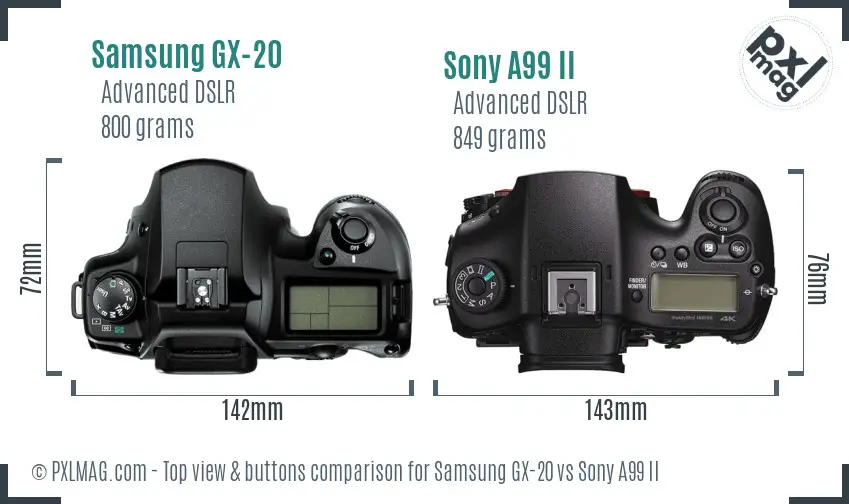 Samsung GX-20 vs Sony A99 II top view buttons comparison