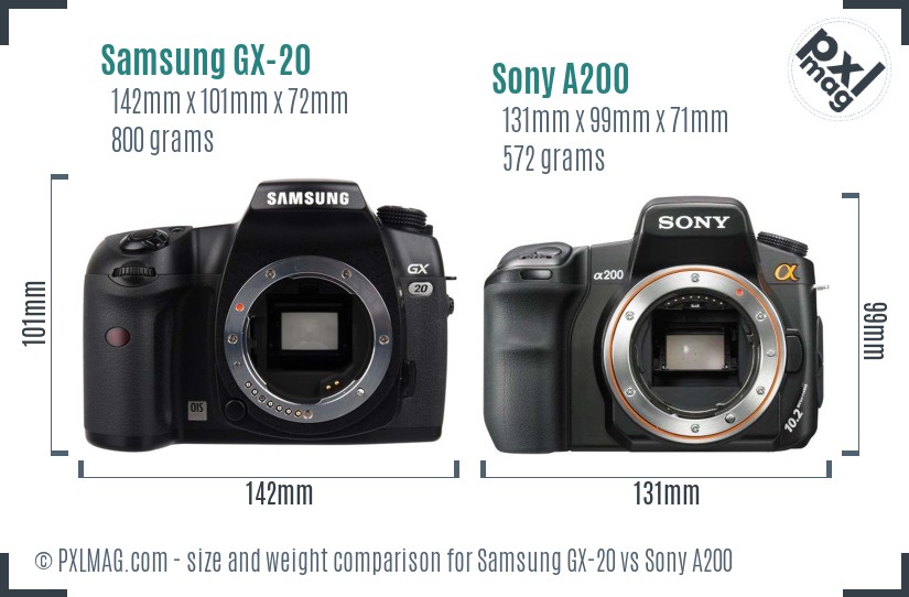 Samsung GX-20 vs Sony A200 size comparison