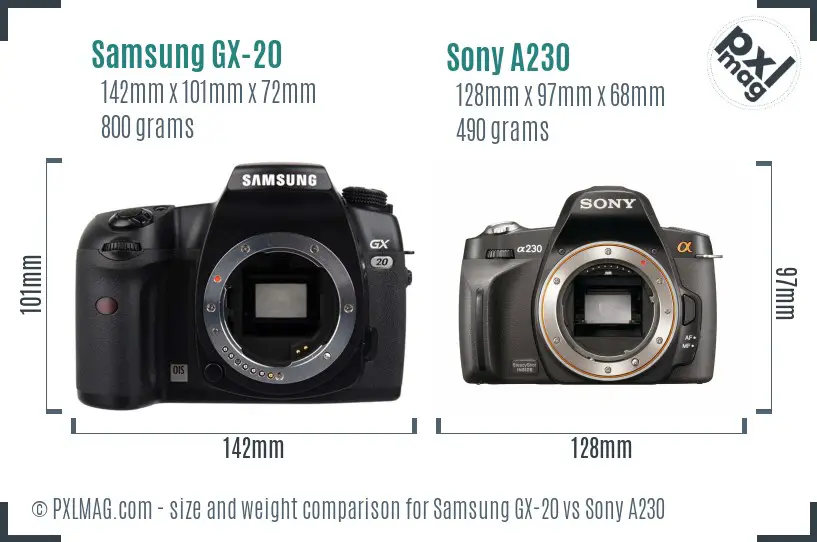 Samsung GX-20 vs Sony A230 size comparison