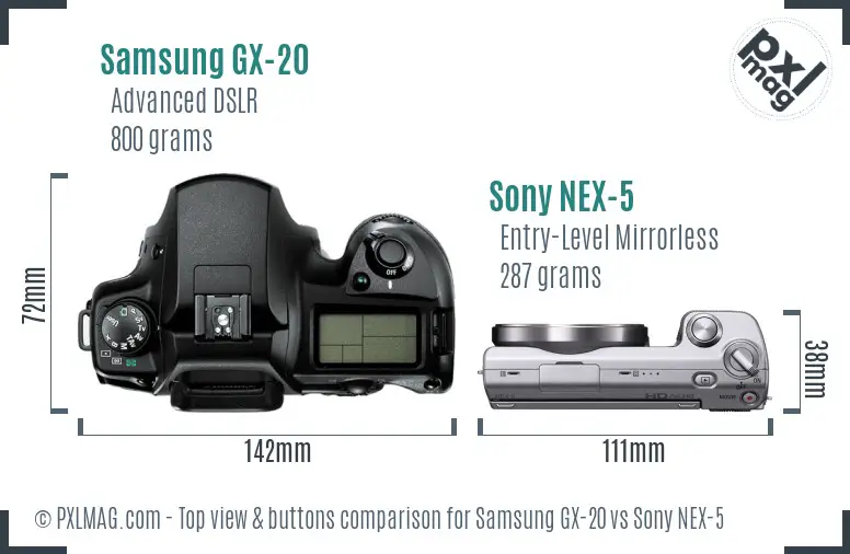 Samsung GX-20 vs Sony NEX-5 top view buttons comparison