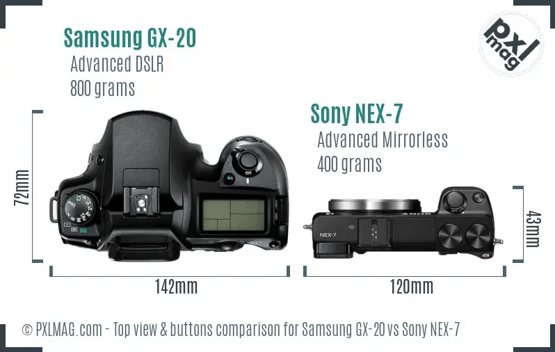 Samsung GX-20 vs Sony NEX-7 top view buttons comparison
