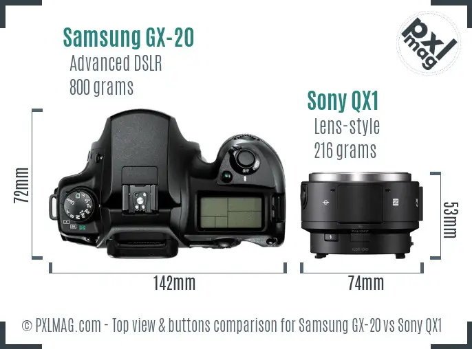 Samsung GX-20 vs Sony QX1 top view buttons comparison