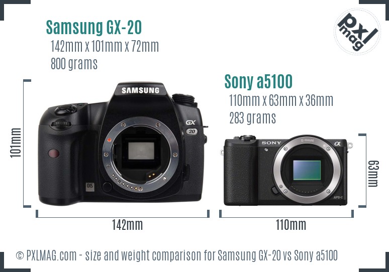 Samsung GX-20 vs Sony a5100 size comparison