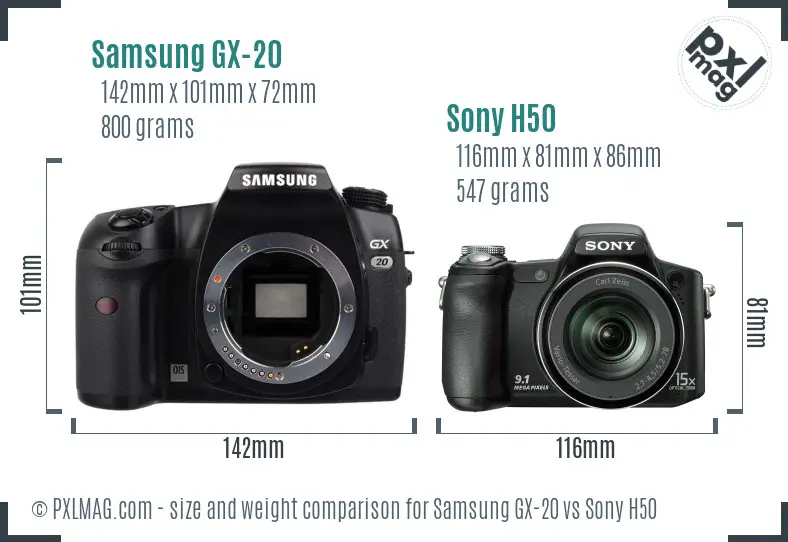 Samsung GX-20 vs Sony H50 size comparison