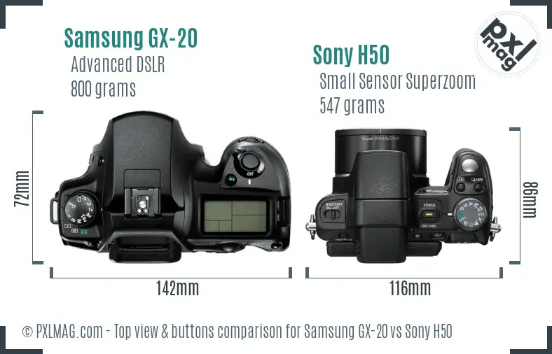 Samsung GX-20 vs Sony H50 top view buttons comparison
