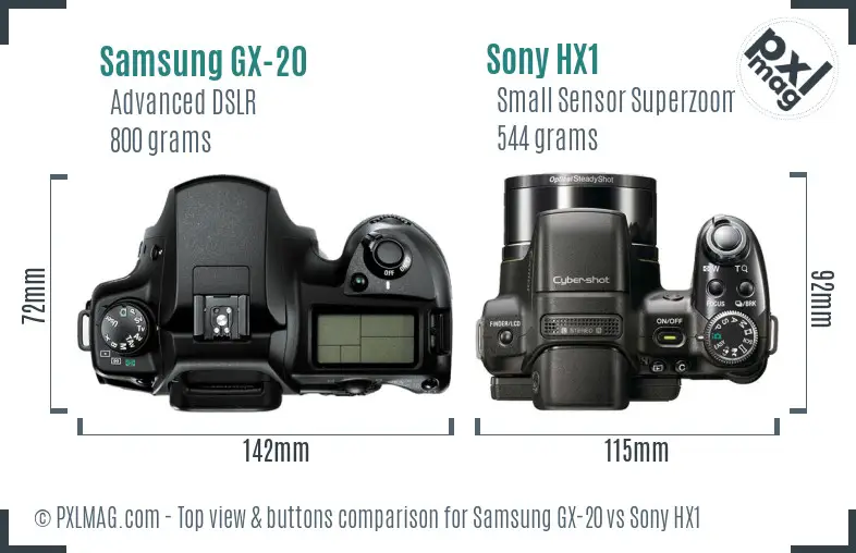 Samsung GX-20 vs Sony HX1 top view buttons comparison