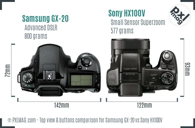 Samsung GX-20 vs Sony HX100V top view buttons comparison