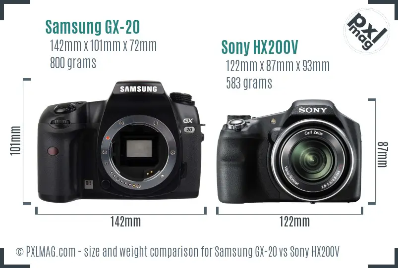 Samsung GX-20 vs Sony HX200V size comparison