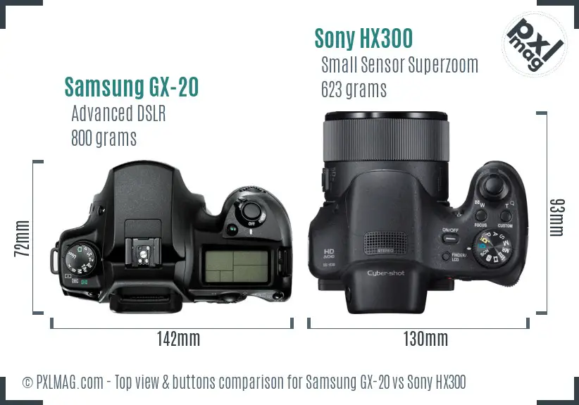 Samsung GX-20 vs Sony HX300 top view buttons comparison