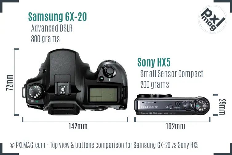 Samsung GX-20 vs Sony HX5 top view buttons comparison