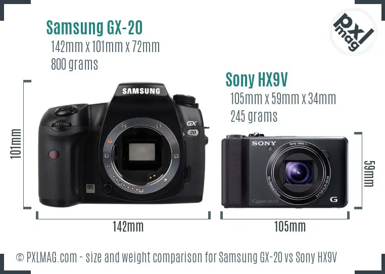 Samsung GX-20 vs Sony HX9V size comparison