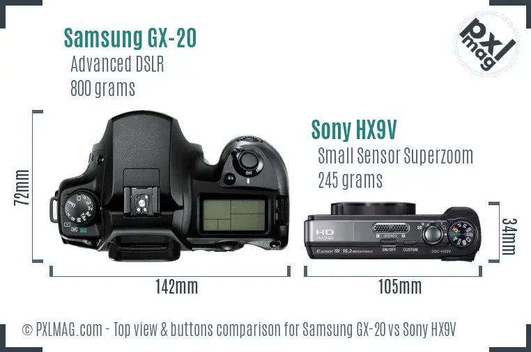 Samsung GX-20 vs Sony HX9V top view buttons comparison