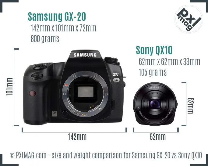 Samsung GX-20 vs Sony QX10 size comparison Samsung GX-20 vs Sony QX10 size comparison