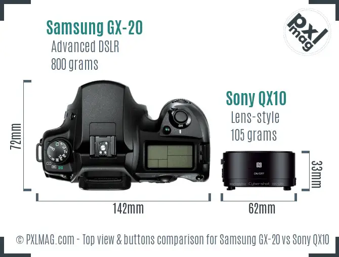 Samsung GX-20 vs Sony QX10 top view buttons comparison Samsung GX-20 vs Sony QX10 top view buttons comparison