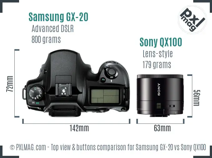 Samsung GX-20 vs Sony QX100 top view buttons comparison Samsung GX-20 vs Sony QX100 top view buttons comparison