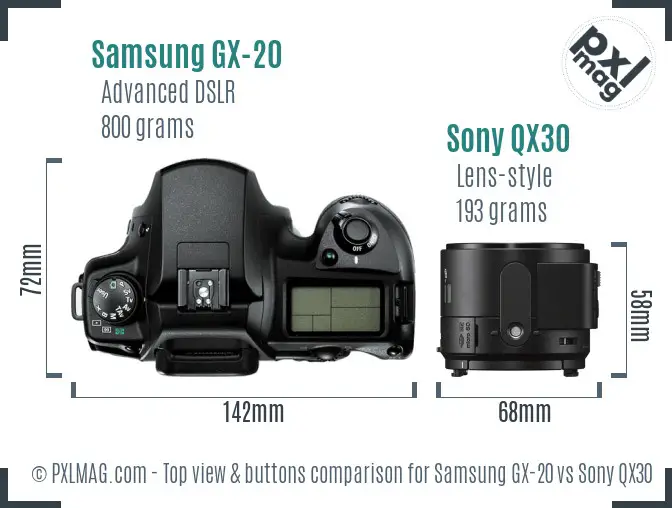 Samsung GX-20 vs Sony QX30 top view buttons comparison