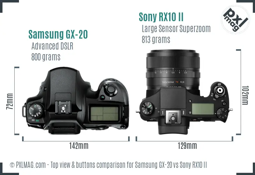 Samsung GX-20 vs Sony RX10 II top view buttons comparison