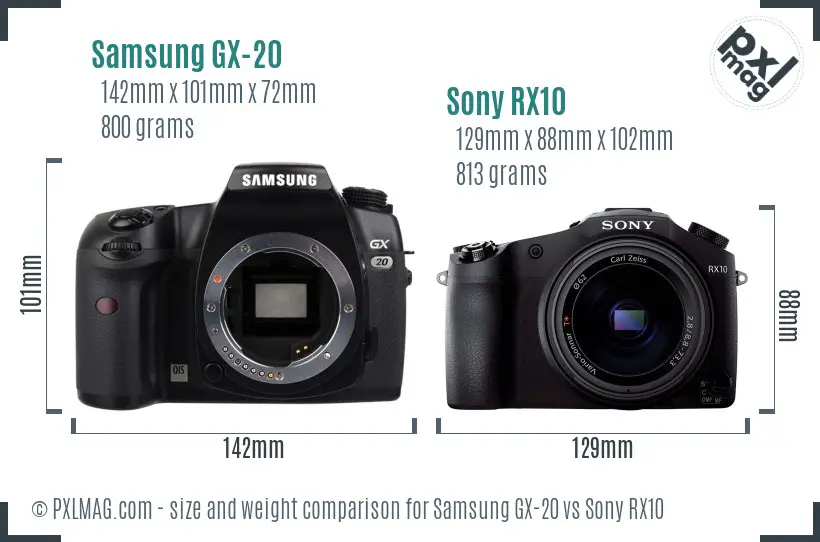 Samsung GX-20 vs Sony RX10 size comparison