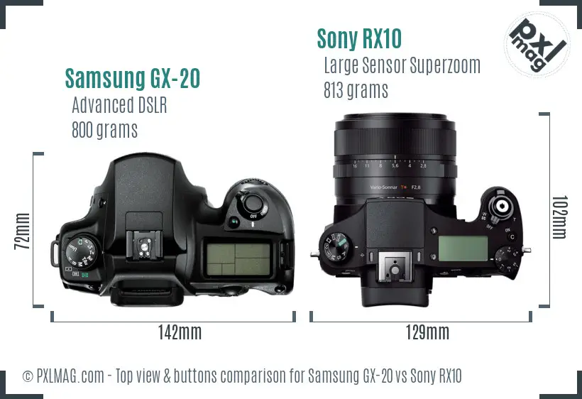 Samsung GX-20 vs Sony RX10 top view buttons comparison